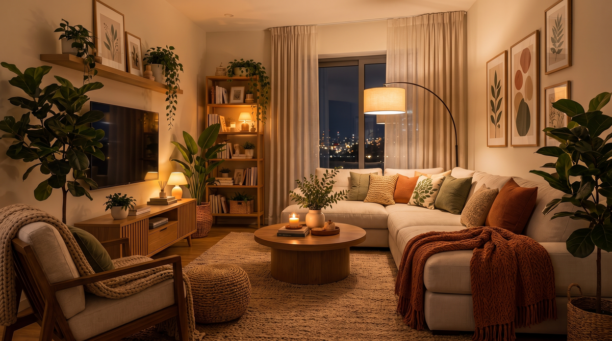 Cozy living room at night with warm lamplight
