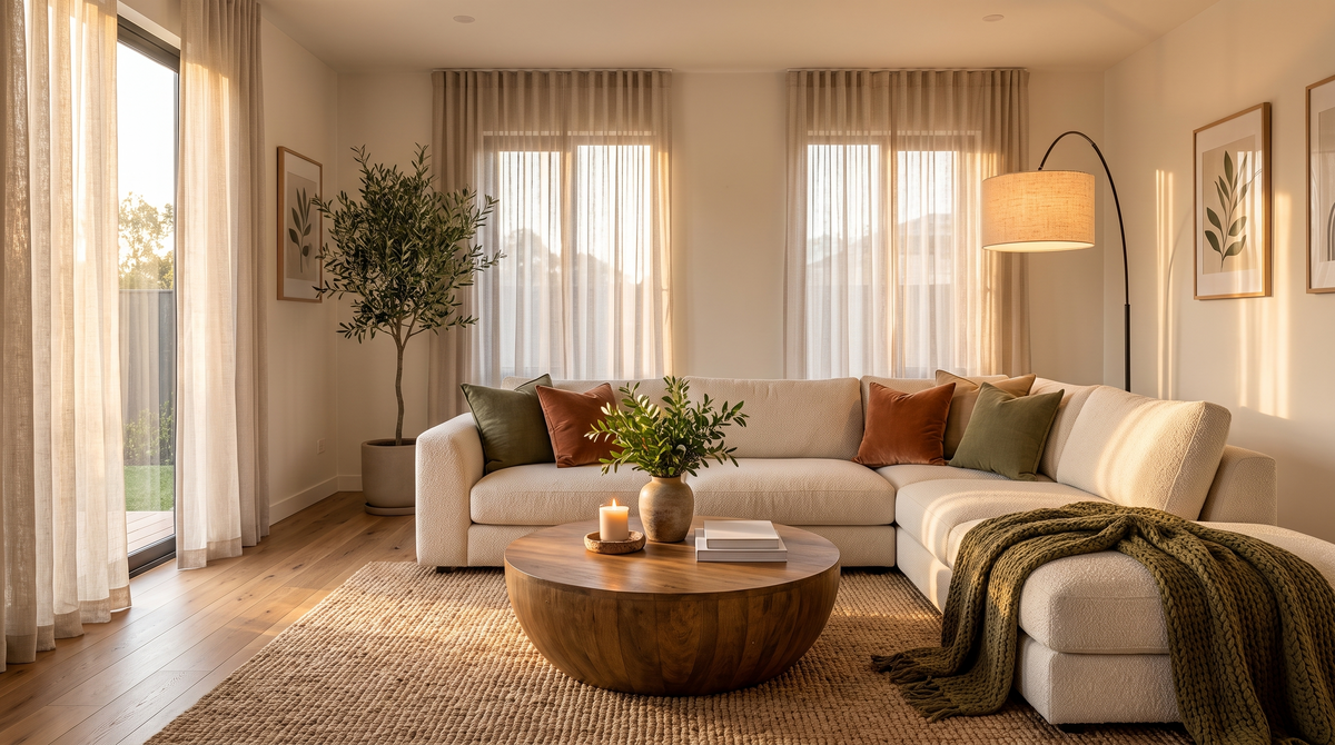 Warm modern living room with cream sofa and olive tree