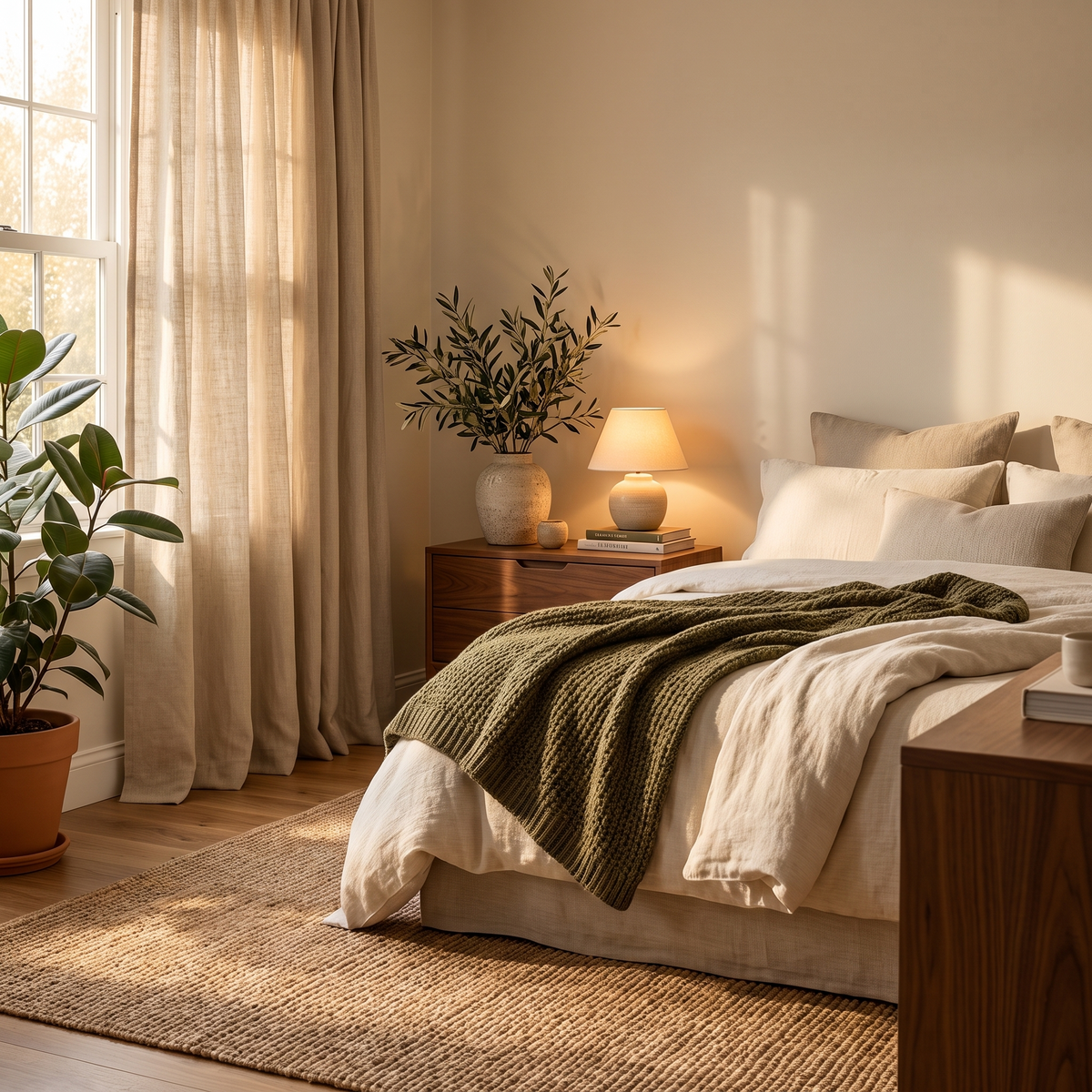 Calm bedroom corner with linen bedding and table lamp