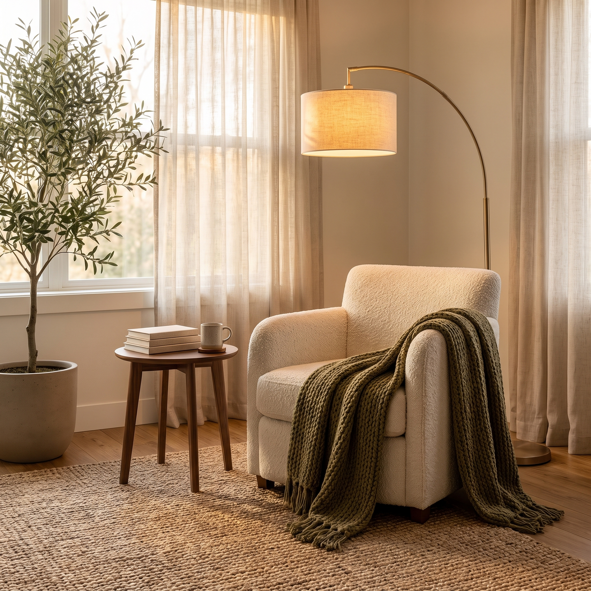 Reading corner with boucle armchair and floor lamp